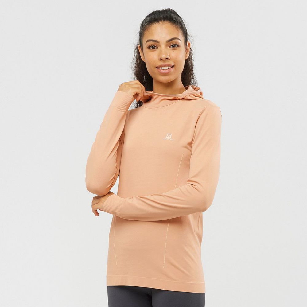 Capa Intermedia Salomon Mujer Beige - Salomon Argentina ESSENTIAL SEAMLESS HOODIE ,841056-CGT